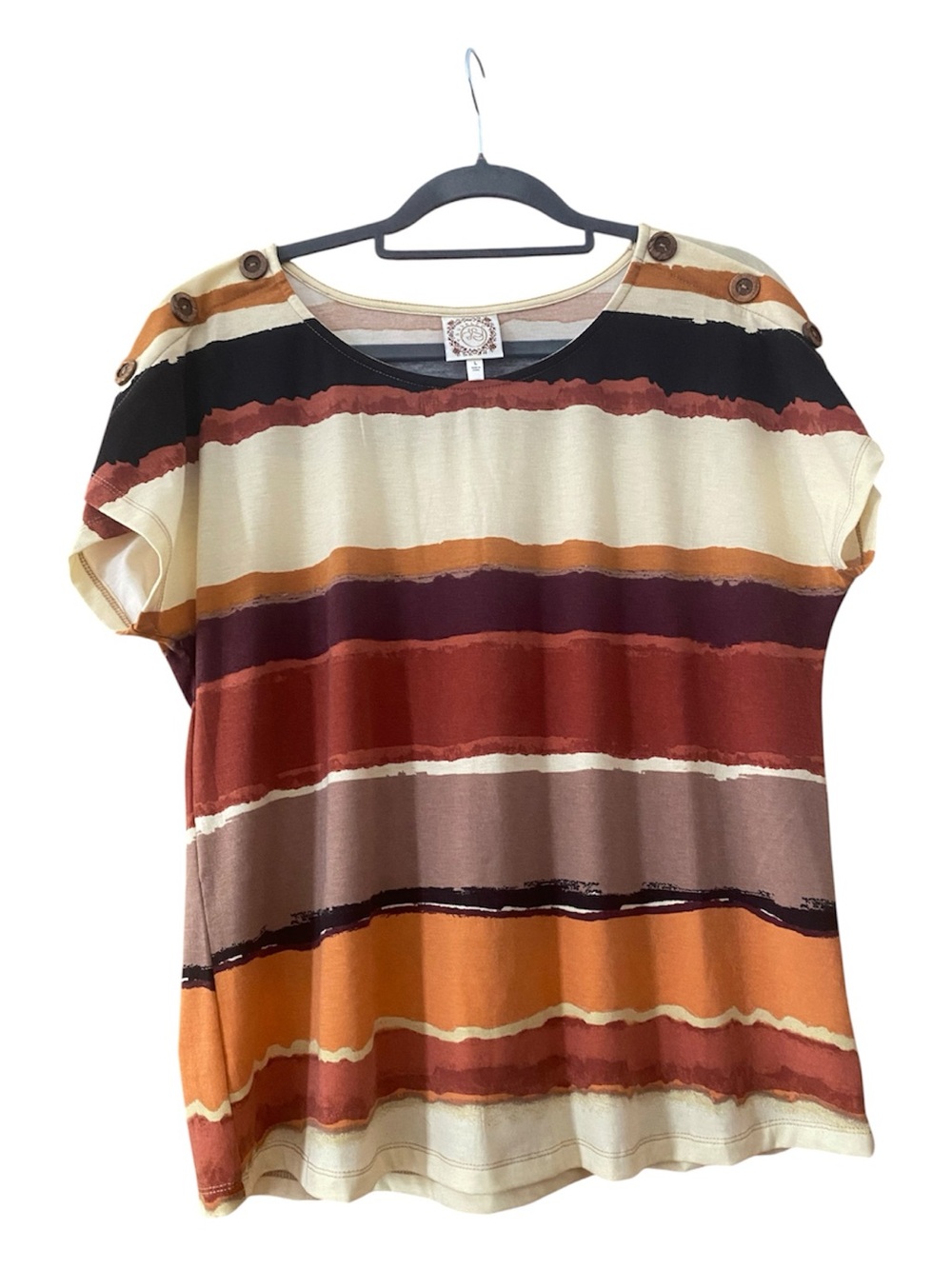 Truself Large Abstract Striped Button Shoulder Dolman Sleeve Top